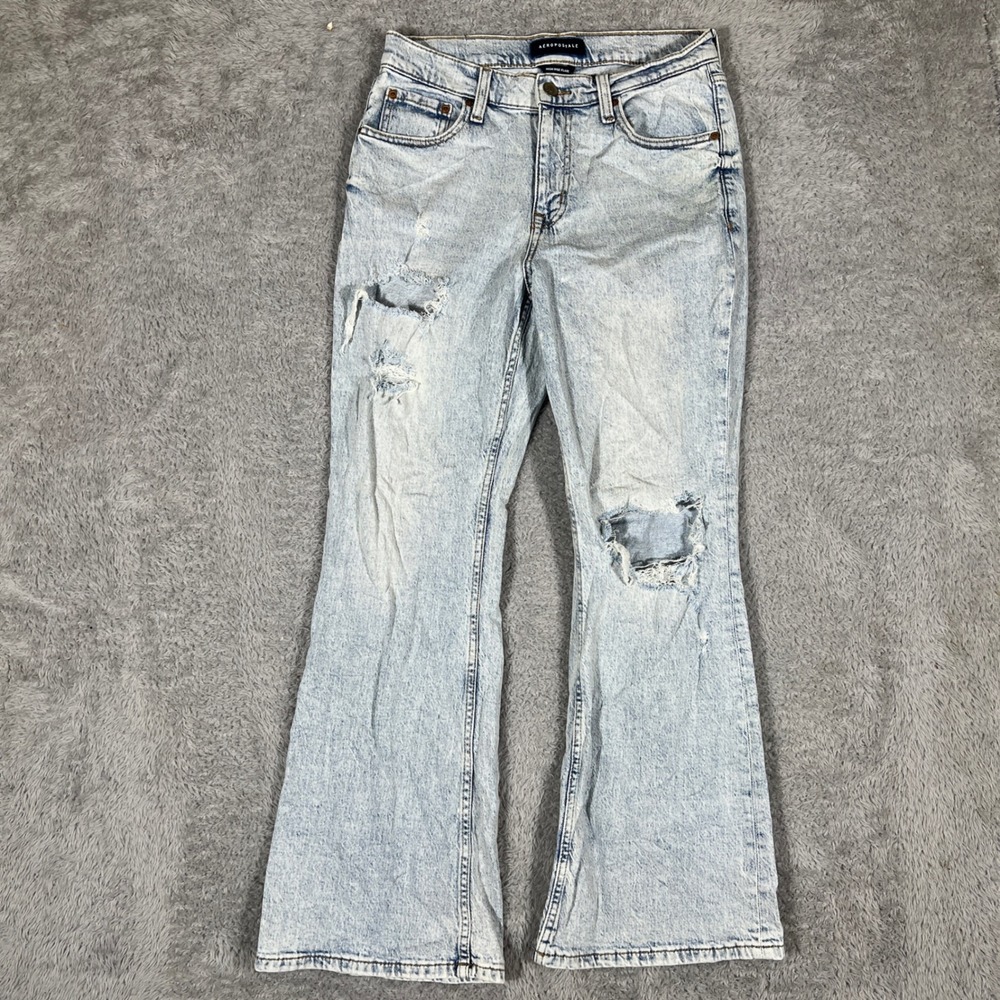 Aeropostale High Rise Flare Jeans Light Wash Distressed Acid Denim 8S RN154379